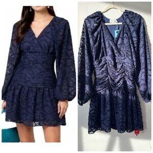 NWT Tanya Taylor Eva Navy Blue Burnout Puff Sleeve Shirred Mini Dress Size 4